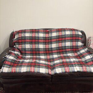 Vintage Plaid Fringed Stadium Blanket, Red White Green Blue 51" x 67" NIB